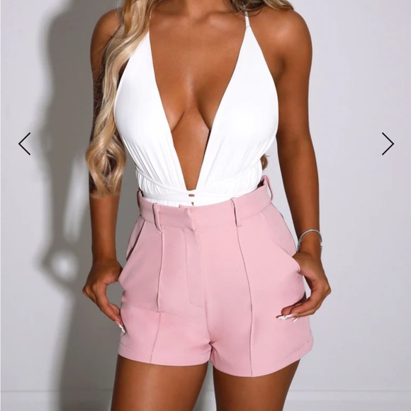 Light Pink Tailored Shorts, High Waisted Tailored Short, Pink Linen Shorts - Picture 2 of 9